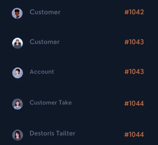 Customer directory list with avatars and account numbers