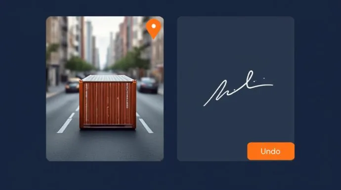Driver app screen showing a GPS-tagged container photo and a signature capture panel