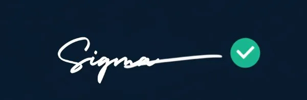 Handwritten signature stroke with a signed checkmark badge