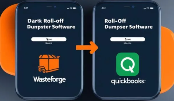 Two phone screens showing WasteForge syncing to QuickBooks