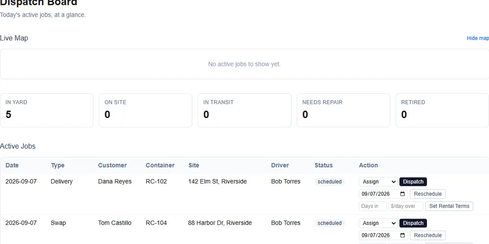 WasteForge dispatch board showing scheduled delivery and swap jobs with customer, container, driver, and status columns
